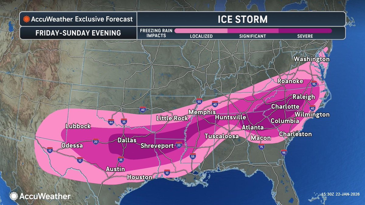 accuweather's tweet photo. A massive ice storm stretching for 1,800 miles in over a dozen states threatens to halt travel and cut power to a million utility customers. https://t.co/1KmgEuYDjd https://t.co/q4o5ohj3xs