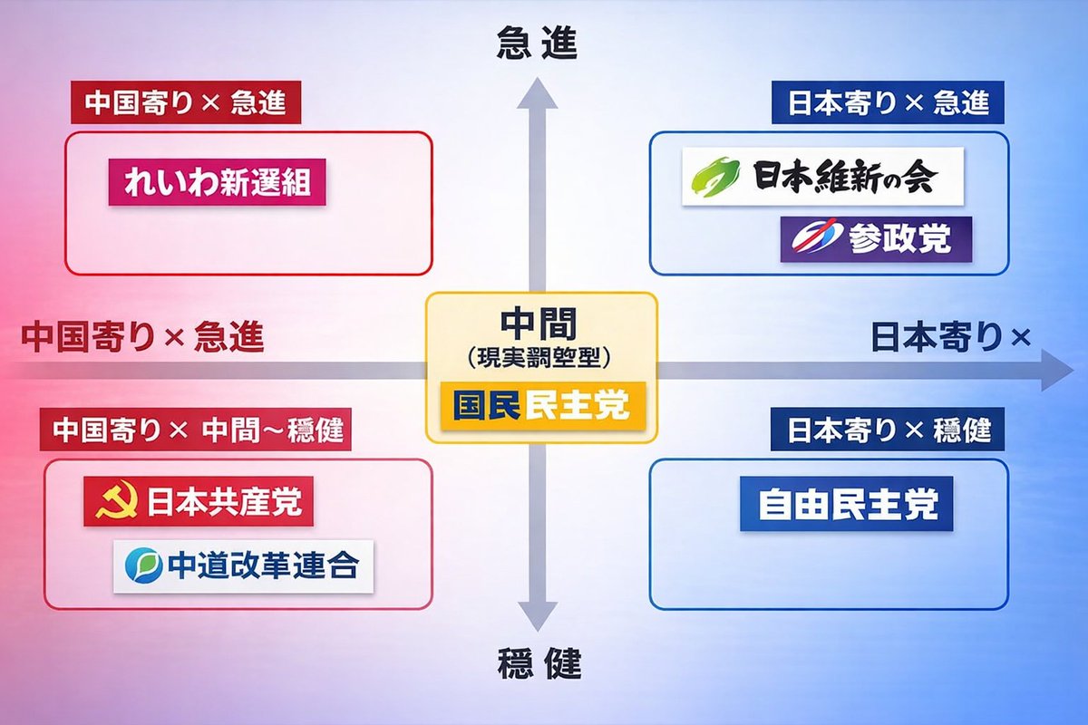 qQUzgOZfF2mtebw's tweet photo. @hide_Q_ これはひどい。さてある方が中立情報をAIに読み込ませてチャートを作ってくれた結果がこちら。感情論によらず事実ベースだとこうなる。てか、日本の政党なのに「中国寄り」って何だよ。 https://t.co/por3jovyHc