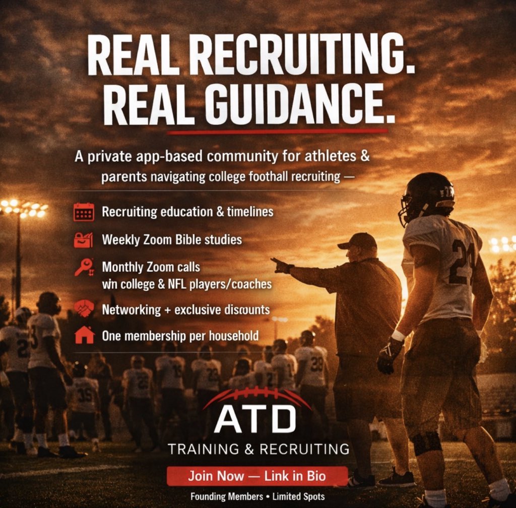 ATDTrainRecruit's tweet photo. Faith. Football. Direction.
The Football Recruits Collective is an app-based community guiding athletes &amp; families through recruiting with clarity and purpose.

Monthly calls w/ college &amp; NFL players/coaches.
Weekly Bible studies. Member discounts.

⬇️ Join now -  (link in bio) https://t.co/ArZGHWePX5