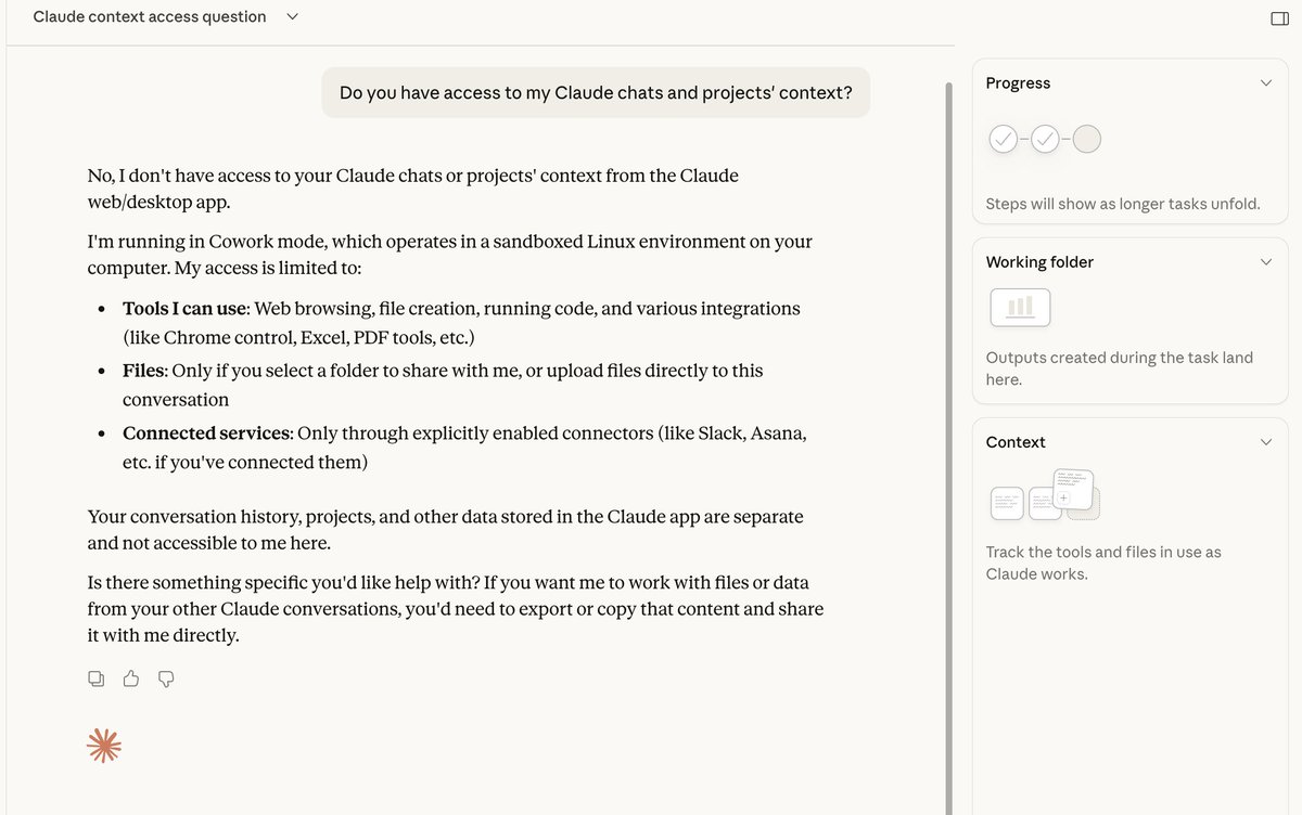 angelsalinasm's tweet photo. Seriously @claudeai?

I invested a lot of time creating projects and crafting their instructions and contexts. 

Why would you halt the flywheel and not let Cowork use them? https://t.co/3m9XlLQbBT