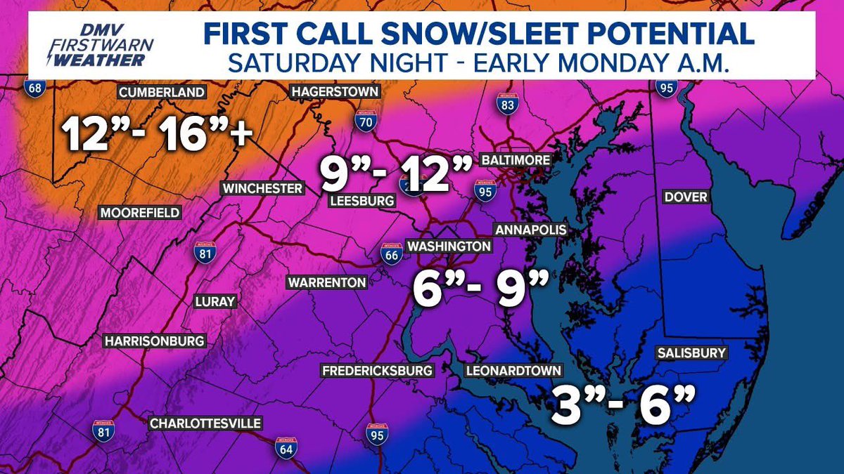 AdamMooreWX's tweet photo. Good afternoon. Here is my first call snow/sleet map for our weekend storm and especially for those north and west of D.C. it's looking like a doozy in terms of impacts. Less south and east. #vawx #dcwx #mdwx #snow #winterweather #storm #WeatherAlert #weather https://t.co/zKYtJhKgSN