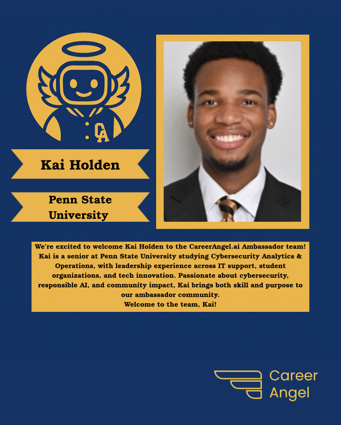 CareerAngelAI's tweet photo. We are pleased to announce the addition of Kai Holden to the https://t.co/L6hktZQUfE Ambassador Program.    

Kai is studying Cybersecurity Analytics and Operations at Penn State University. We're so thrilled to have him! https://t.co/tA3Fjdp9Xf
