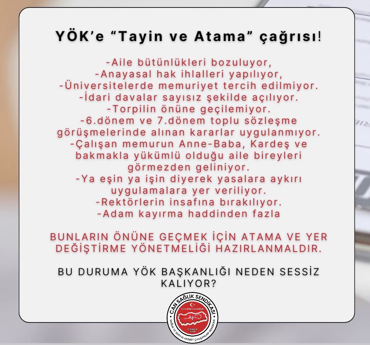 YÖK’E AÇIK ÇAĞRIMIZDIR! <a href="/YuksekogretimK/">Yükseköğretim Kurulu (YÖK)</a> 

Üniversitelerde görev yapan kamu çalışanları keyfî, kişiye bağlı ve hukuka aykırı atama–yer değiştirme uygulamalarının insafına terk edilmiştir.

❗ Aile bütünlüğü bozuluyor
❗ Anayasal haklar ihlal ediliyor
❗ “Ya eşin ya işin”