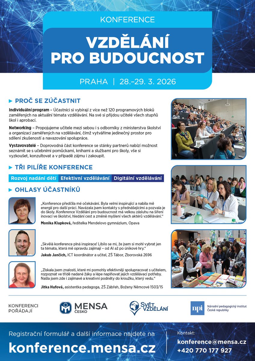 📢 Spouštíme registraci na konferenci Vzdělání pro budoucnost 2026.
Dvoudenní setkání o současných výzvách vzdělávání, inspiraci z praxe a sdílení zkušeností.
📍 Praha | 🗓 28.–29. 3. 2026
👉 konference.mensa.cz
#vzdelavani #ucitele #konference #mensacesko #svetvzdelani #npi