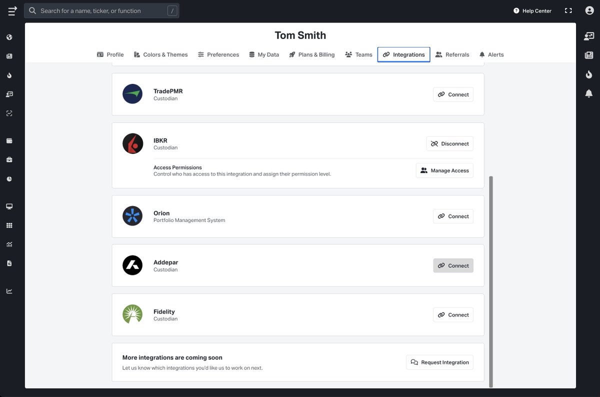 Addepar You can set up an Addepar integration by heading to the  Integrations page under profile settings. The 