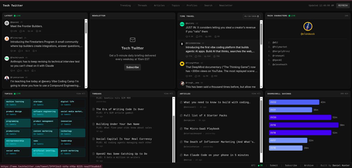 dazzBuilds's tweet image. Just now opened a project by @codeandprose 
Found it super cool. 
Though I guess it only tracks a limited number of profiles or tweets for now. 
Still the UI is pure vibe 🔥

***I am sharing it because I found it cool, nothing else. I don't know him or anything.***