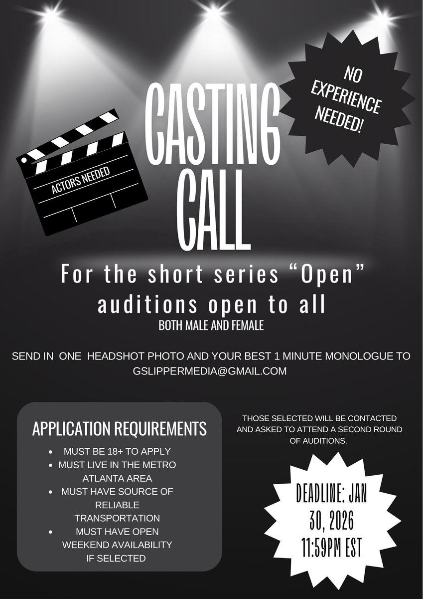 khaviiafaith's tweet image. 🎬 CASTING CALL — “OPEN” 🎬
We’re officially casting for our upcoming short series OPEN 👀✨
📍 Metro Atlanta
🎭 No experience needed
🎥 Black-led cast | Comedy-Dram
📩 Submit 1 headshot + 1-minute monologue to:
gslippermedia@gmail.com

#CastingCall #AtlantaActors #BlackCreators