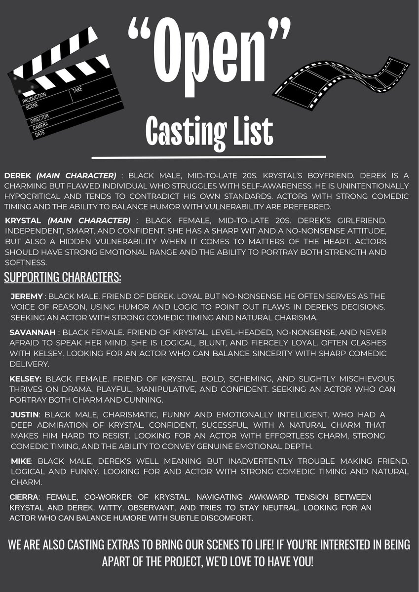 khaviiafaith's tweet image. 🎬 CASTING CALL — “OPEN” 🎬
We’re officially casting for our upcoming short series OPEN 👀✨
📍 Metro Atlanta
🎭 No experience needed
🎥 Black-led cast | Comedy-Dram
📩 Submit 1 headshot + 1-minute monologue to:
gslippermedia@gmail.com

#CastingCall #AtlantaActors #BlackCreators