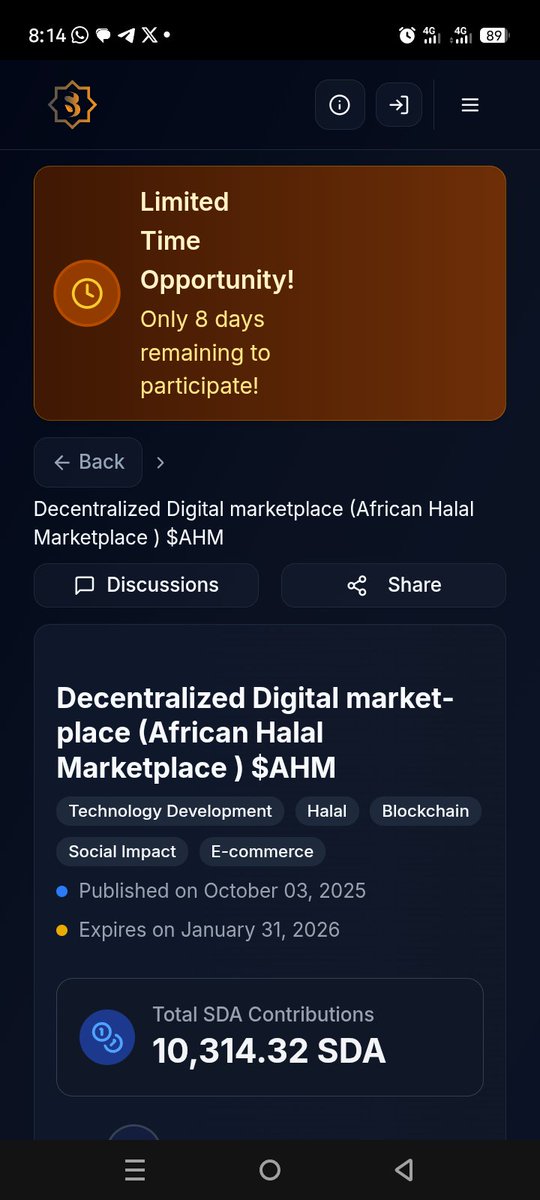 AlnsAfrican's tweet photo. Before the contribution window is closes. Be part of the future.
🌍 $AHM – African Halal Marketplace is launching soon!
Secure, decentralized, and Shariah-compliant trading at your fingertips.
🚀 Don’t miss out!
https://t.co/ALPo8AboZ8

#AHM #HalalMarketplace #Only8DaysLeft https://t.co/QVx6Zlx7QO