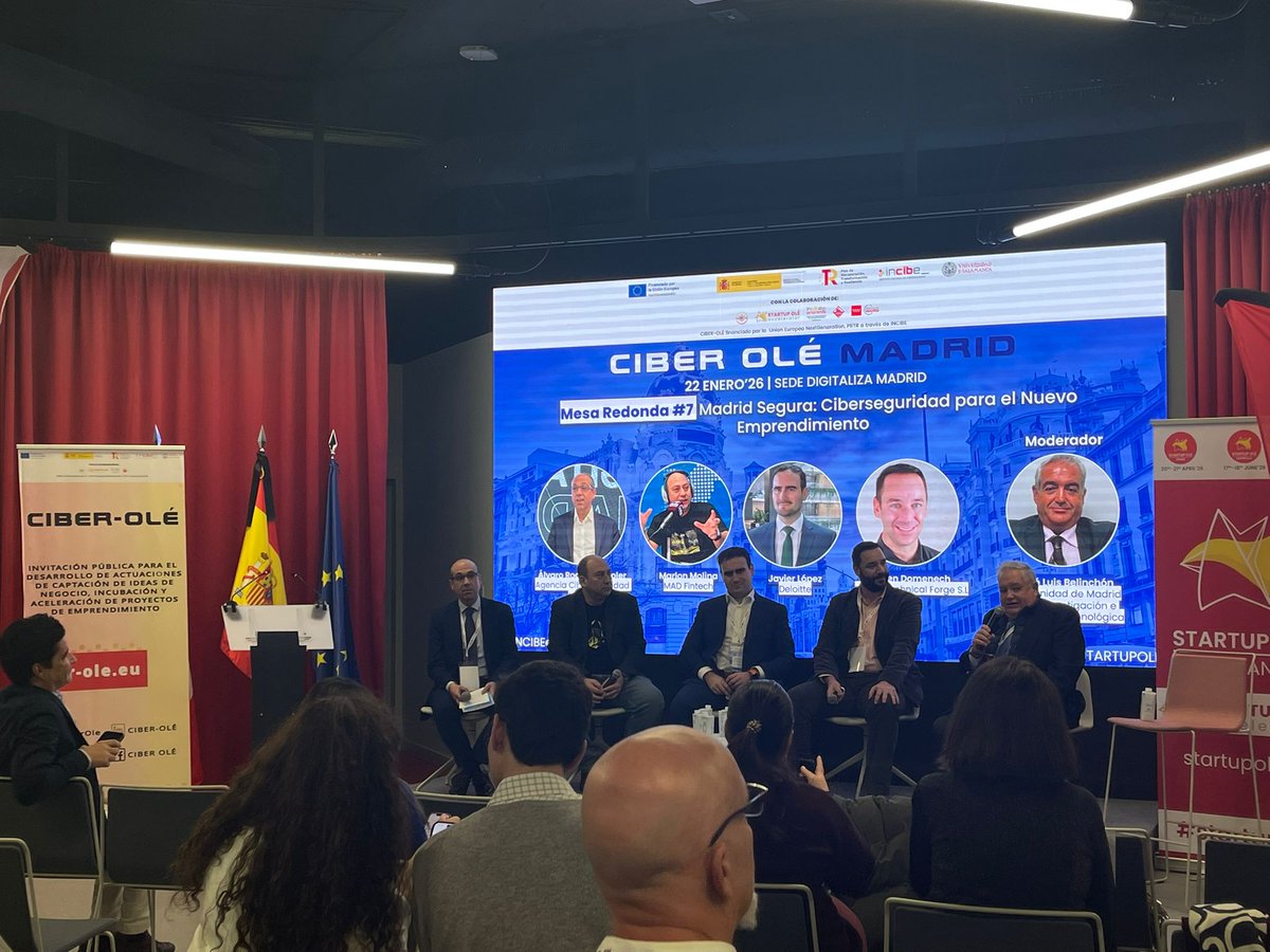 Continuamos con la #mesaredonda 7: ‘Madrid Segura: Ciberseguridad para el Nuevo Emprendimiento’.  Moderada por Jose Luis Belinchón, Gerente de Innovación Tecnológica.  Participan Álvaro Rodríguez Soler, Marlon molina, Javier López y Lorien Domenech.