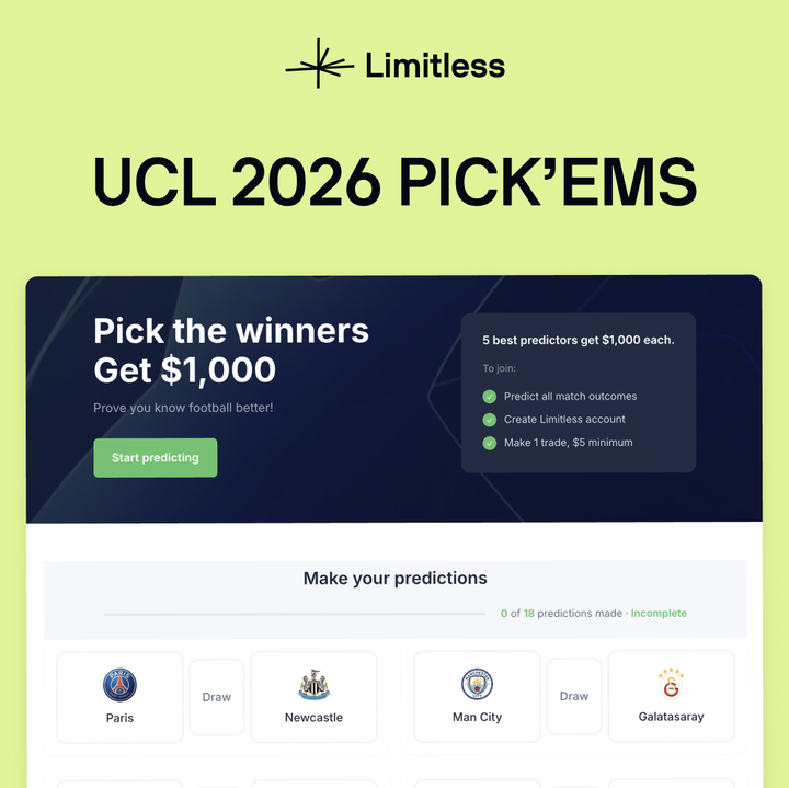 Dany_Crypto1's tweet photo. champions league prediction contest just dropped

@trylimitless, predict all the matches, place your bets ($5+), compete with others

top 5 people win $1,000 each

thats literally it

https://t.co/NSZdZuZp8Z

grab your spot b4 it fills up https://t.co/3jTDHYvVeJ