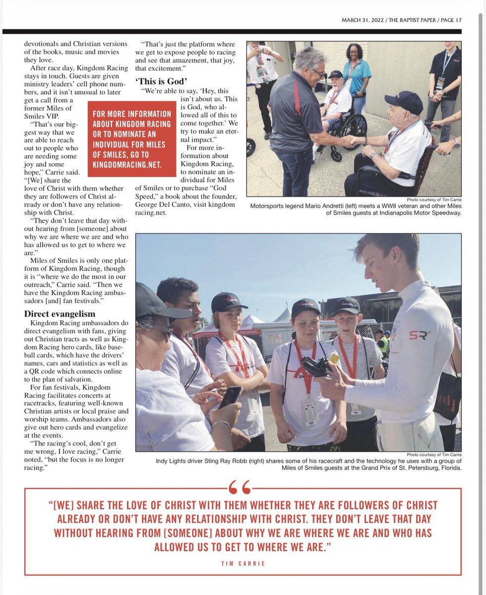 Throwback Thursday 🏁

In 2022, Kingdom Racing was featured in <a href="/TheBaptistPaper/">The Baptist Paper</a> , highlighting a truth we still live by:
racing opens the door.

Serving guests, sharing hope, and creating eternal impact—on and off the track. 🙏

#ThrowbackThursday #MilesOfSmiles #KingdomRacing