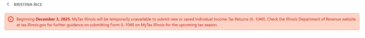 ImAllScars's tweet photo. @ILDeptofRevenue does that mean we can't submit a 2025 return until 1/26? when I go online to submit my return I get this message, https://t.co/k08mnbQw2B