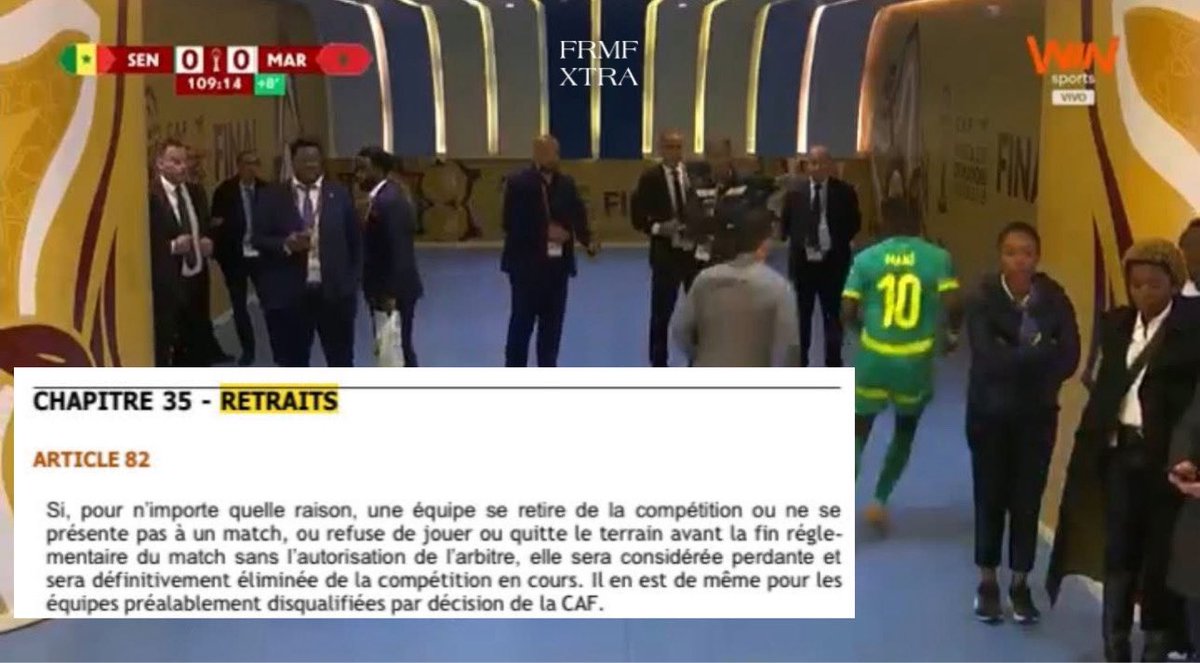 FRMFXtra's tweet image. Toute l’équipe sénégalaise a quitté le terrain avant le temps réglementaire, sans être déclarée 𝗣𝗘𝗥𝗗𝗔𝗡𝗧𝗘 selon l’article 82 (chapitre 35). ‼️‼️

À ce stade, à quoi servent les règles ?
Honte à vous. @CAF_Online @CAF_Media 🇲🇦🤬