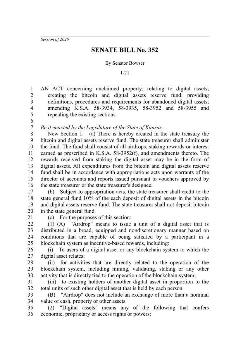 美国堪萨斯州提出立法，拟设立比特币和加密货币战略储备，以增强州经济韧性