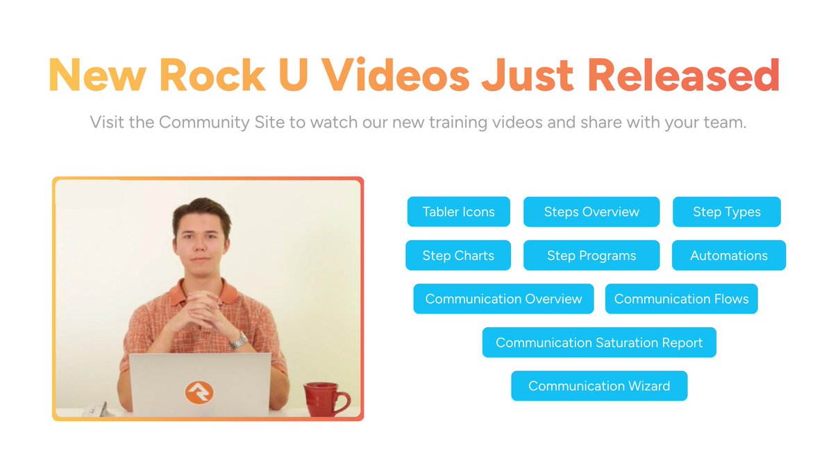 RockRMS's tweet photo. We just released 19 new Rock U videos on refreshed topics like Tabler Icons, Steps, Automations, and Communications. Watch them today at https://t.co/SG5m01pIsu and don't forget to share them with your team. 

#chms #ChurchTech #InnovationToolkit https://t.co/whsToB7h9B