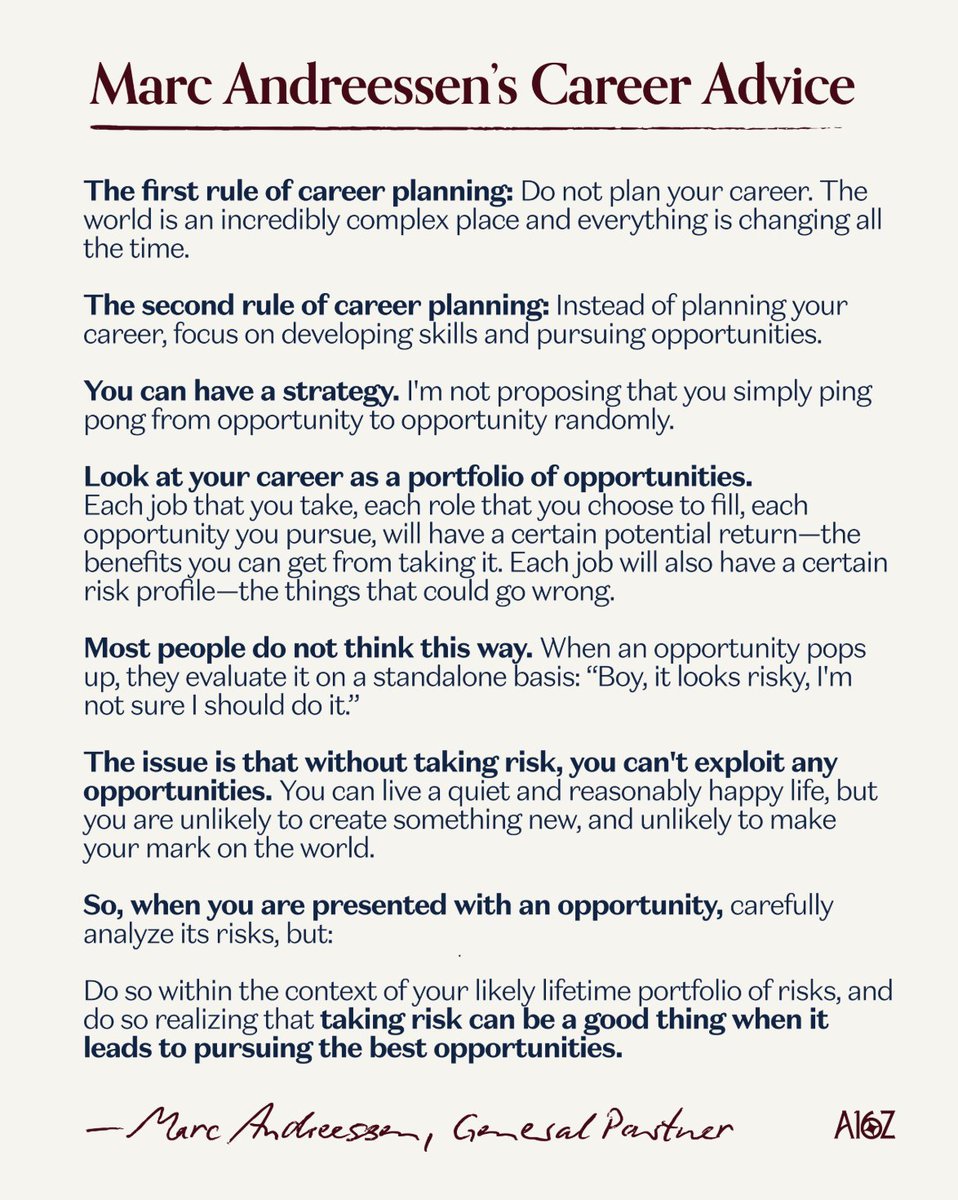 jaiyagill's tweet image. career decisions are not permanent! the biggest mistake you can make isn't picking the wrong job, it's evaluating jobs in isolation

saw @pmarca's career advice &amp;amp; it's so spot on, portfolio careers are the new meta

your career is a portfolio of bets where you have to evaluate