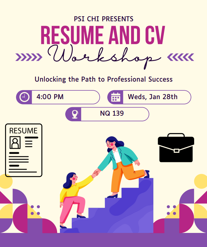 ✨ Ready to level up your future? ✨

Psi Chi is hosting a Resume &amp; CV Workshop to help you stand out to grad schools, internships, and employers 💼📄
Learn how to showcase your skills, experiences, and goals with confidence!  Your future self will thank you 😉🚀
📷