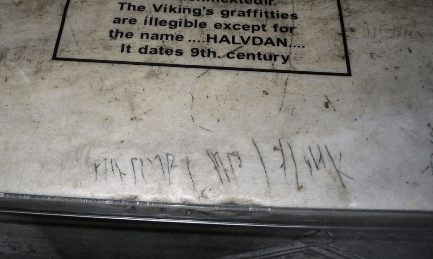 Around 1100 years ago, in the 9th century, a bored Viking named Halvdan (Halfdan) carved his name on a marble slab at the upper gallery of Hagia Sophia. The text was Old Norse, and it was carved in runic letters.