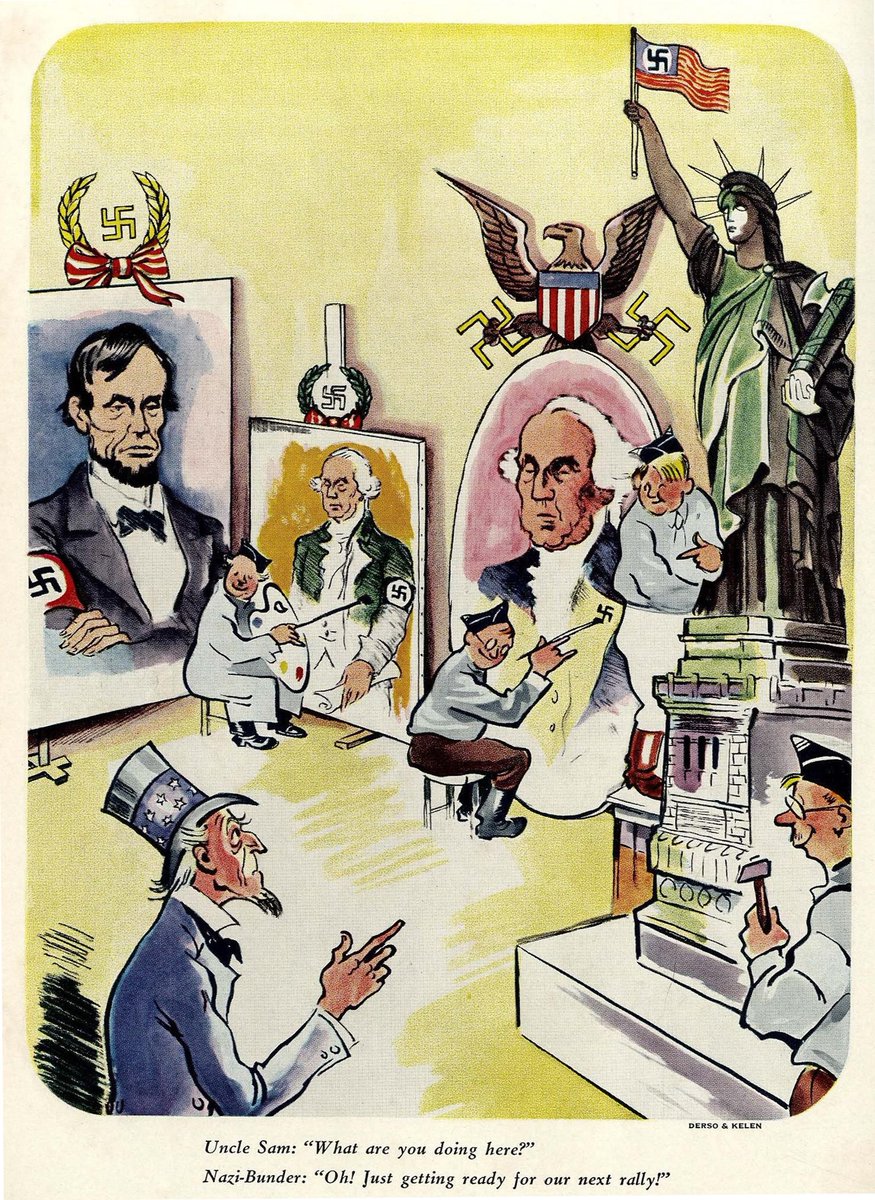 propagandopolis's tweet image. American illustration (1939) showing Uncle Sam walking in on Nazis decorating American heroes and monuments with swastikas.