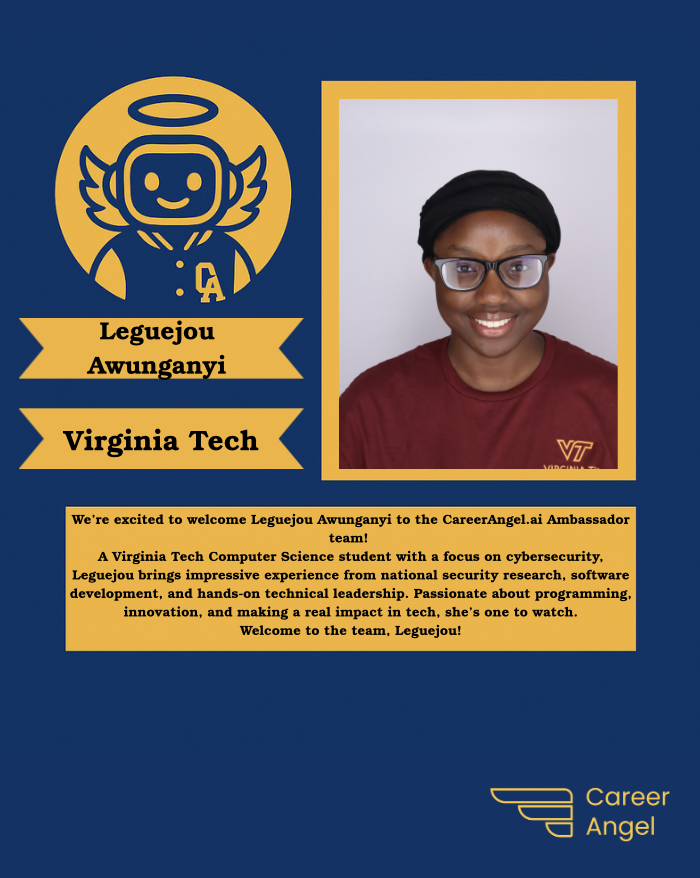 CareerAngelAI's tweet photo. We’re excited to welcome Leguejou Awunganyi to the https://t.co/L6hktZQUfE Ambassador team!

Leguejou is a Virginia Tech Computer Science student with a focus on cybersecurity.

Welcome to the team, Leguejou! https://t.co/8dClXnJgH8