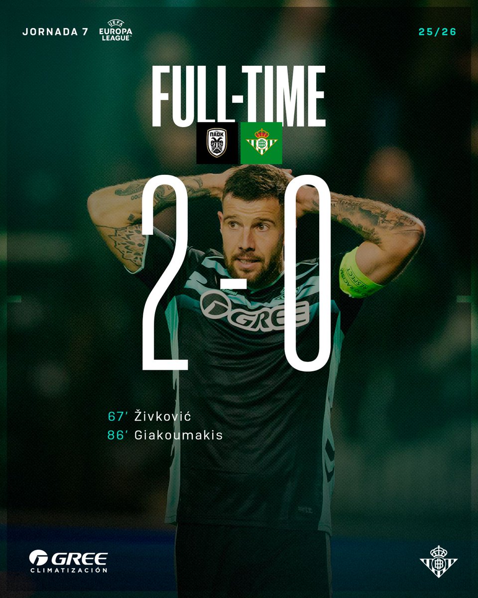 95' ⏱⚽️ Final del partido.

⚪⚫ #PAOKRealBetis 2-0 💚🤍

#DíaDeBetis #EuroBetis