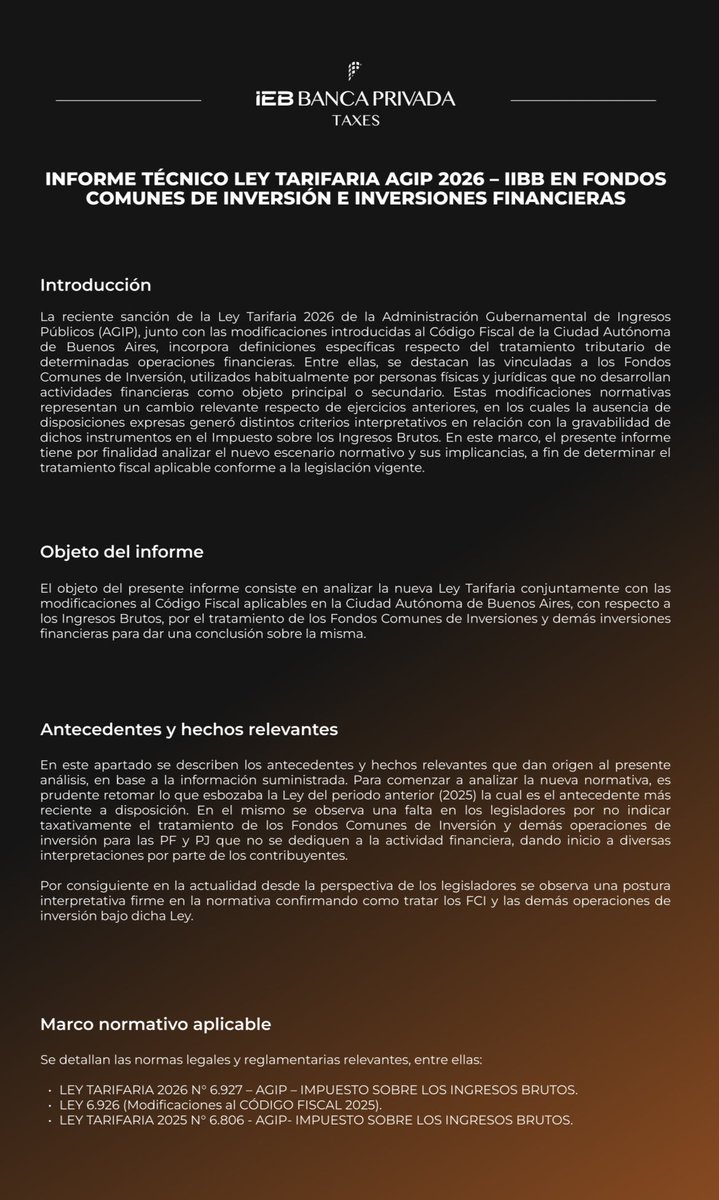 BancaPrivadaieb's tweet photo. 📌 La Ley Tarifaria 2026 de CABA redefine el tratamiento de inversiones:

• 3%–5% sobre rentas financieras para no habituales.
• Nuevo criterio para rescates de FCI (PEPS).
• Incorpora cripto y amplía el alcance de activos.
• Se mantienen exentas las operaciones en títulos públicos y ON.

Optimizar la carga fiscal es parte esencial de la gestión patrimonial de los inversores.

Para que podamos mejorar tu planificación patrimonial, contactanos por https://t.co/IjpQCE9N0o