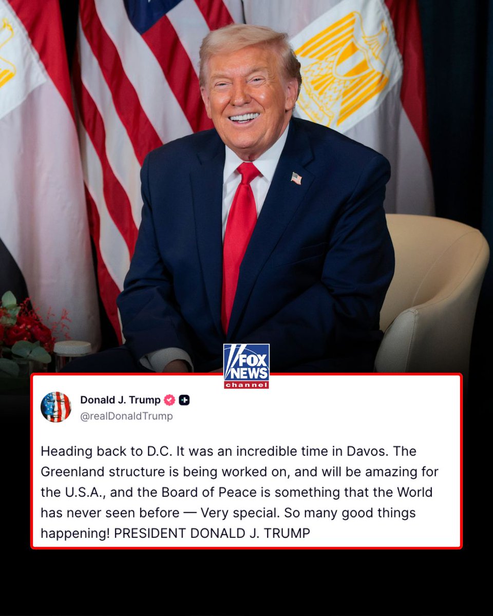 FoxNews's tweet image. DC BOUND: President Trump says he’s heading back to Washington after an “incredible” trip to Davos, touting progress on Greenland and the creation of the Board of Peace, while adding that “so many good things” are underway.
