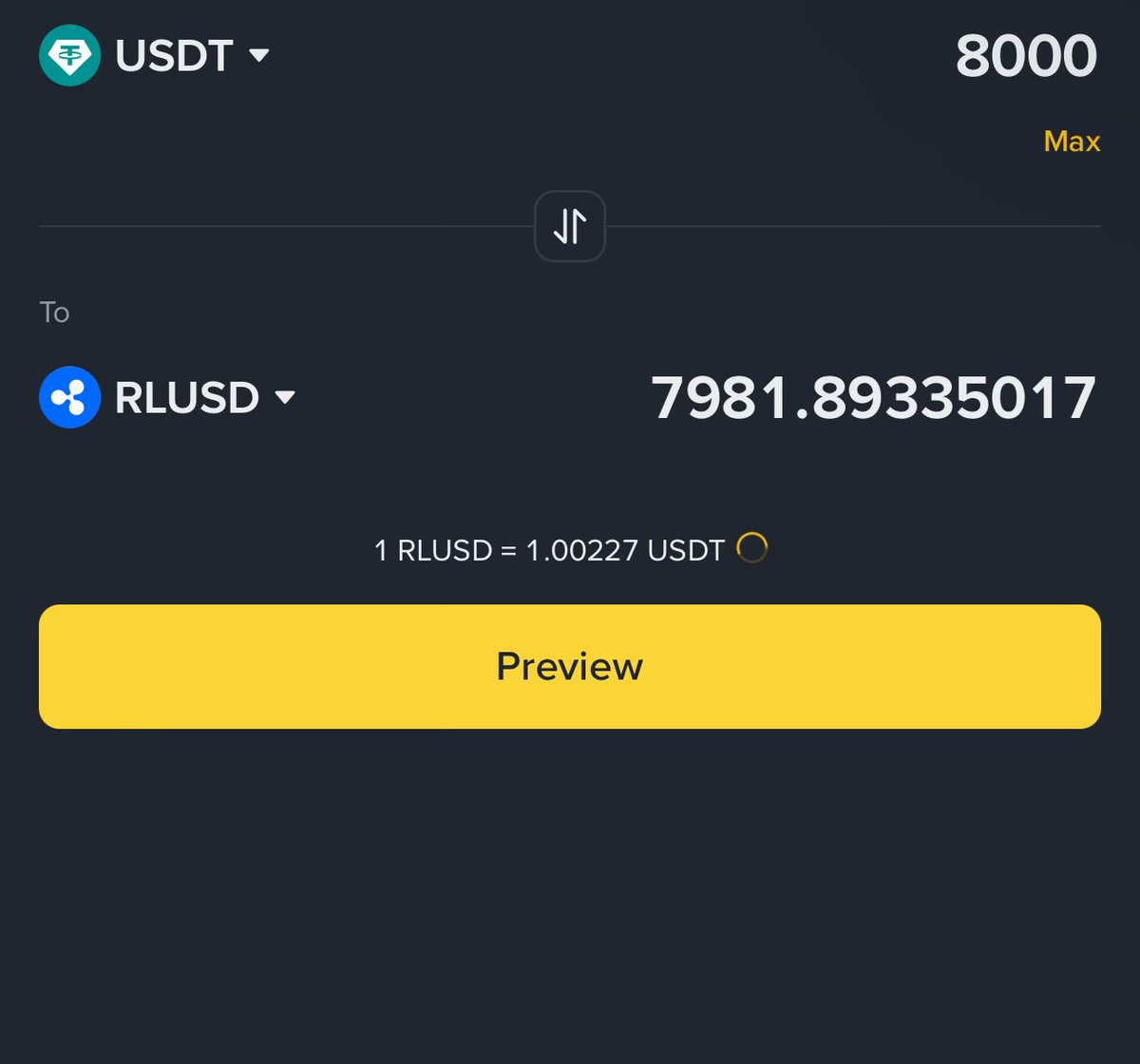 RLUSD - If you are thinking to convert #USDT on Binance to #RLUSD the max  Amount per transaction is only 8,000 #USDT