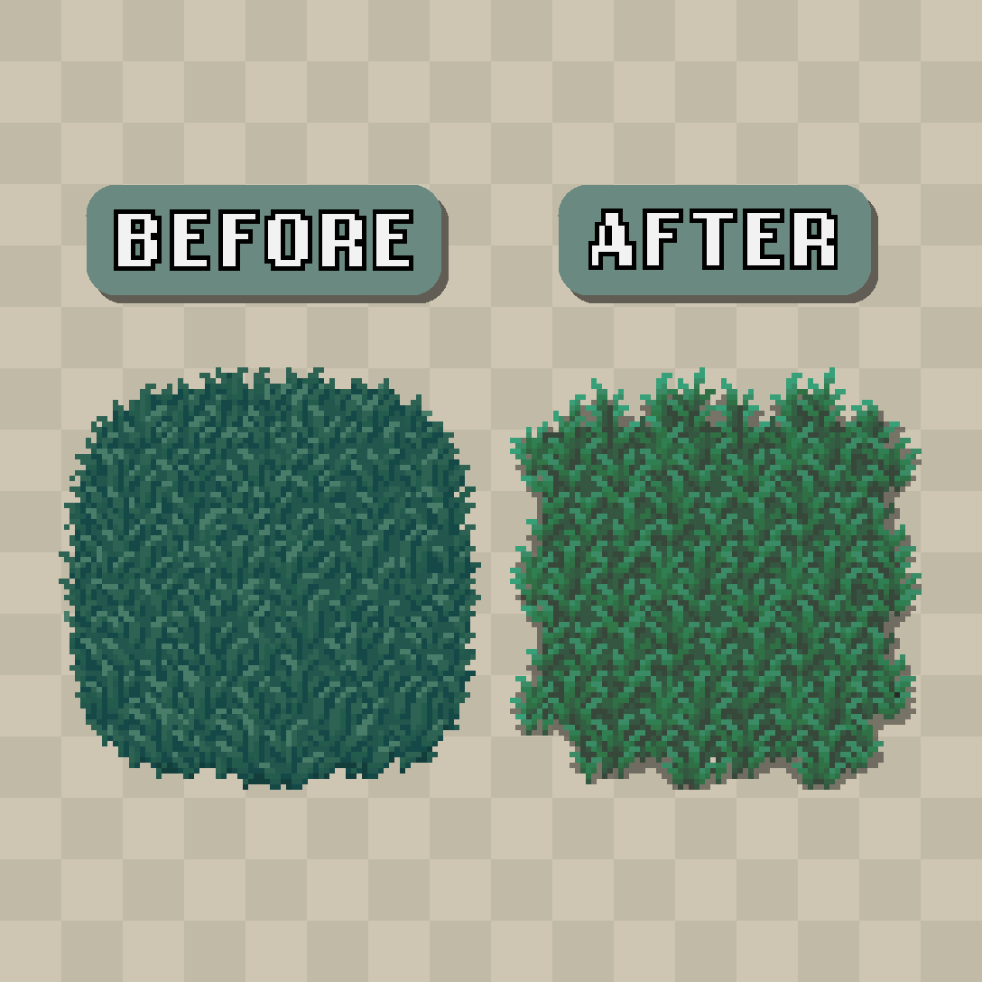 Before and after redrawing some dark grass for my tileset 🌱

#pixelart #indiedev