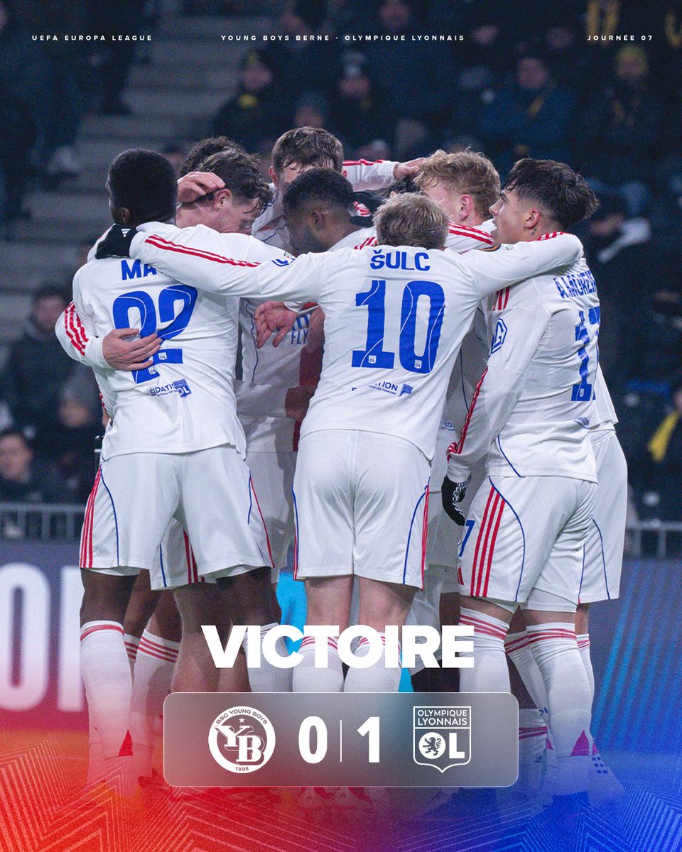 OL's tweet image. 𝗩𝗜𝗖𝗧𝗢𝗜𝗜𝗜𝗜𝗜𝗜𝗜𝗜𝗜𝗥𝗘 💥

Nos Gones s'imposent à Berne et décrochent trois points de plus en Europa League ! 👊🔴🔵

7e succès d'affilée toutes compétitions confondues 🔥

0-1 #YBBOL