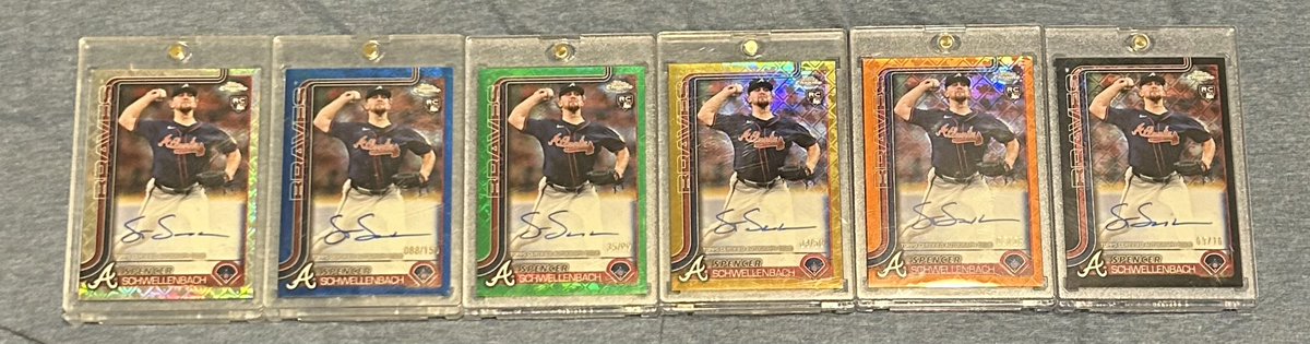 Never done this before, but I need some help completing this rainbow of 2025 Topps chrome logofractor auto parallels of Spencer Schwellenbach! If you see any of the /5 or the 1/1 in the wild, please notify me! Any retweets are appreciated! Thanks! <a href="/CardPurchaser/">Card Purchaser</a> <a href="/ALTPEPEEEEEEE/">MEGACARDINVESTOR</a>
