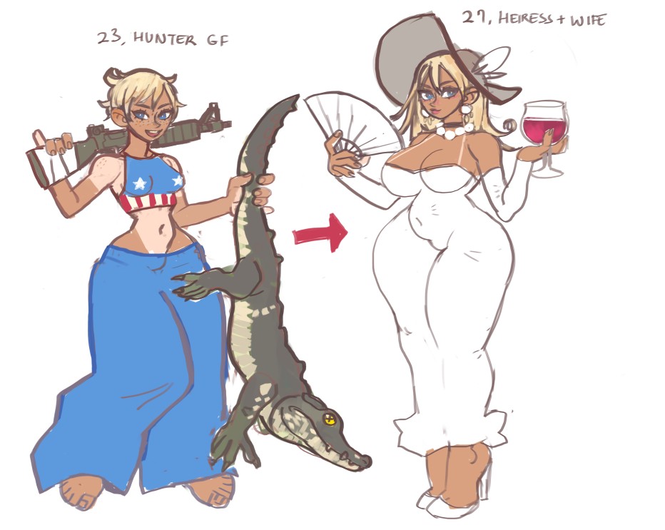 Kurosaki_Artist's tweet image. Tanned Hunter Tomboy girlfriend turns into Thicc Heiress Wife!
