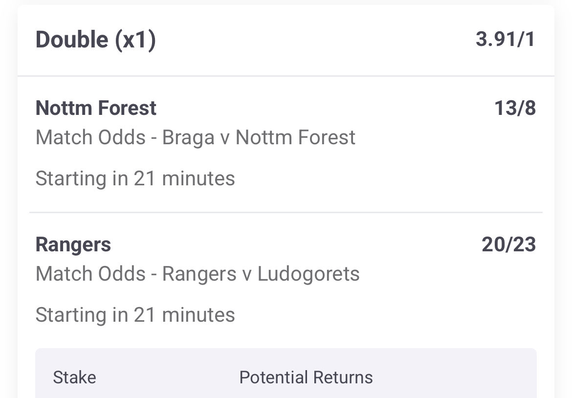 Yellowcardtips's tweet image. ⚽TONIGHT’S FOOTBALL DOUBLE ⚽

➡️ Rangers to Win
➡️ Nottingham Forest to Win

💥 3/1 DOUBLE

Two solid spots, nice price 👀
Let’s cash 💸 Stake responsibly

#FootballBets #UKFootball
#RangersFC #NottinghamForest
#BettingTwitter #GamblingTwitter
#UKBetting #Punters #Acca