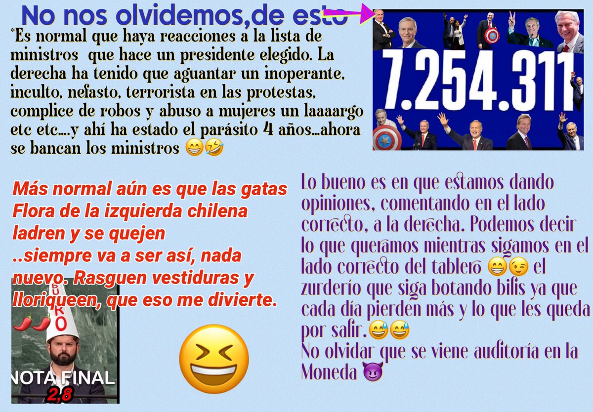 Que diversión me da el zurderío que busca resquicios legales absurdos, reclaman por todo como una amiga de un chino, uno que se quedó ciego por delincuente, una “ministra” que no sabe ni por dónde le da el viento etc etc…sigan así que me estoy divirtiendo mucho 🌶️🌶️ 🥤 🍿💃🕺