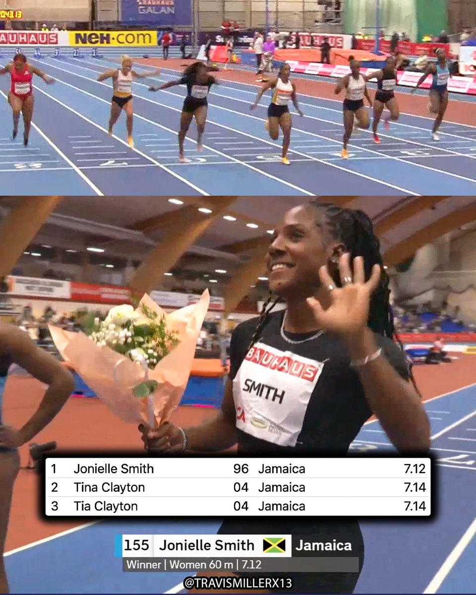 7.12 60m by 🇯🇲Jonielle Smith to beat Tina and Tia Clayton at the BAUHAUS Gala in Stockholm