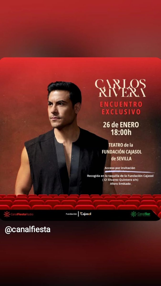 ¡BOMBAZO EN EL FIESTA! 💣 Nuevo Súper Encuentro Exclusivo con el gran #CarlosRivera

📅 Lunes 26 de enero | 18:00h

📍 Teatro de la Fundacion CajaSol | <a href="/Cajasol/">Fundación Cajasol</a> | (Plaza de San Francisco, Sevilla)

🎟️ Entrada por invitación: Recógela YA en taquilla Fundación Cajasol
#riveristas