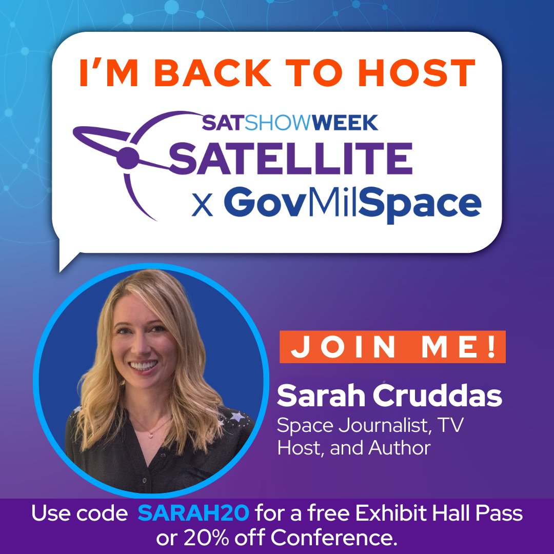 sarahcruddas's tweet photo. Excited to announce that I will be hosting @SATELLITEDC 

This was an incredible event to host in 2025 and I cannot wait to return to help highlight the latest technology, big ideas and conversations shaping the Satellite and Space Industry.

Looking forward to sharing more details over the coming weeks. 

Reminder: Use the code SARAH20 for a free exhibit hall pass or 20% off the conference.