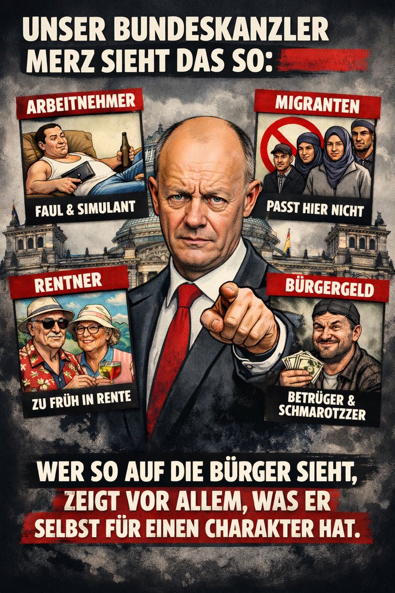 RCRaven1's tweet photo. Ein Thread in zwei teilen.
1/2

Merz’ Menschenbild: Bürger unter Verdacht

Wir haben einen Bundeskanzler, der im Arbeitnehmer den Simulanten sieht, im Rentner den „zu frühen“ Ruheständler, im Bürgergeldempfänger den Betrüger – und bei Migranten entscheidet, wer „ins Stadtbild passt“.

Wir haben einen Bundeskanzler, der im Arbeitnehmer den Simulanten sieht, im Rentner den „zu frühen“ Ruheständler, im Bürgergeldempfänger den Betrüger – und bei Migranten entscheidet, wer „ins Stadtbild passt“.

Und dieses Muster zieht sich durch: Wo es klemmt, sucht Merz zuerst „Missbrauch“ und „falsche Anreize“ – statt zuerst zu fragen, welche strukturellen Ursachen dahinterstehen.