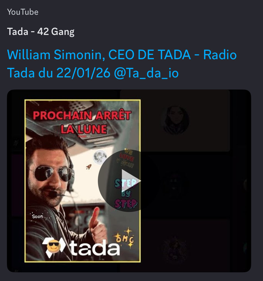 __BibiUs's tweet photo. 🎙️ Radio Tada > Replay disponible
Le live avec William Simonin, CEO de @Ta_da_io, est maintenant accessible.
Un échange clair, direct, sans détour.
👉 Accéder au replay via #YouTube
🔛 https://t.co/s8REPudYcs
#Tada #TadaCommunity #Web3 #Crypto #AI #Airdrop #Blockchain https://t.co/DMivhnkUSA