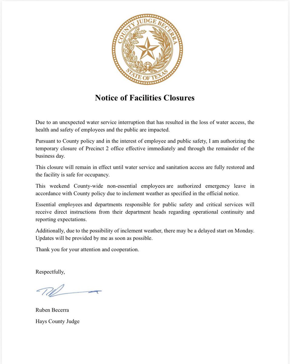 hayscountygov's tweet photo. Due to an unexpected water service interruption, the Hays County Precinct 2 office is closed effective immediately for the remainder of the business day. 
Updates will be shared as soon as they are available. https://t.co/gvANZ94Ly2
