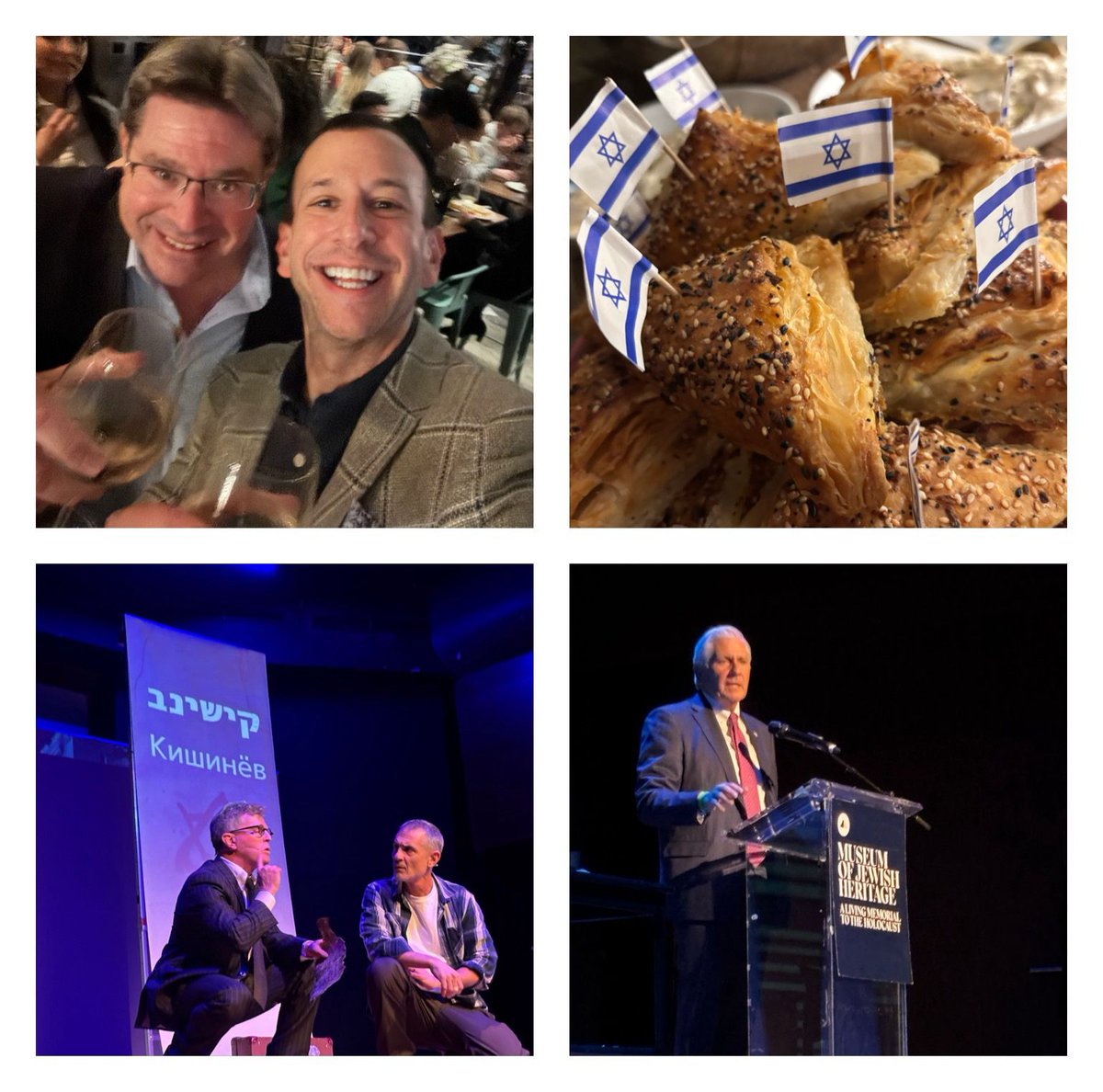 DavidCaplan's tweet photo. Back-to-back events this week hosted by @IsraelinNewYork : the US premiere of the Israeli play ‘Jabotinsky’s Dream,’ (pictured: @NassauExec speaking) + a reception by the media team to kick off 2026 (w/ the indomitable Amb. @Ofir_Akunis  — and bourekas!) https://t.co/ps53dYRGix