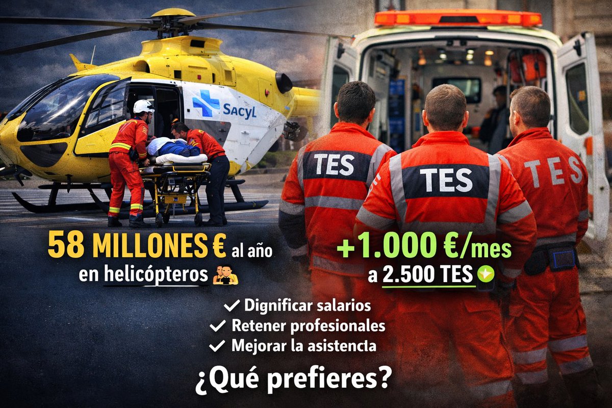 🚁💶 Datos que incomodan en CyL <a href="/jcyl/">Junta de Castilla y León</a> 

La Junta gasta ≈58 MILLONES €/año en helicópteros sanitarios.
Con ese dinero se podría subir +1.000 €/mes (14 pagas) y aún sobraría presupuesto.

📊 58 M€ =
➡️ Dignificar salarios
➡️ Retener profesionales
➡️ Mejorar la asistencia diaria
