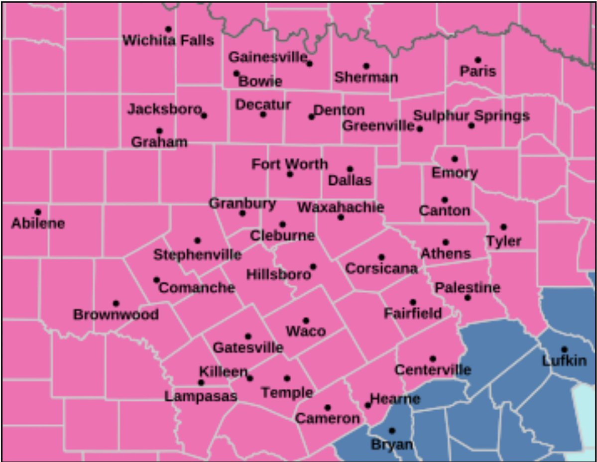 DFWscanner's tweet image. ⚠️ Winter Storm WARNING issued for all areas in pink, including North Texas and the DFW Metroplex ⚠️ 

📆 In effect from 6pm on Friday to 12pm on Sunday.

🥶 Heavy mixed precipitation expected. Ice accumulations between one quarter of an inch and one half of an inch. Isolated…