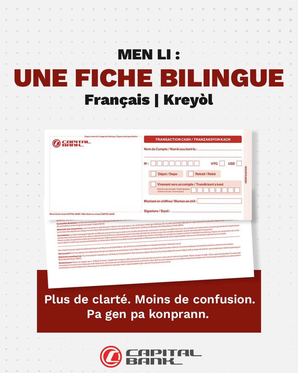 inclusionmedia_'s tweet photo. Avec des fiches français/kreyòl, fè tranzaksyon w vinn pi fasil! Ak ki lang ou sèvi?

#CapitalBankHaiti #Haiti #Ayiti https://t.co/d2y7QfhPAD