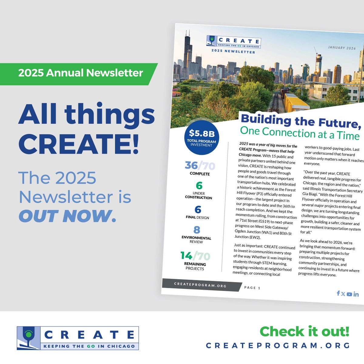 CREATE_Chicago's tweet photo. The CREATE Program 2025 Newsletter is here. From major milestones to continued investment in communities, 2025 was a year of progress. See how projects are moving forward, what’s under construction, and what’s ahead in 2026. Read the full newsletter now at https://t.co/MXhxtTYdKW https://t.co/oGHQTcui07