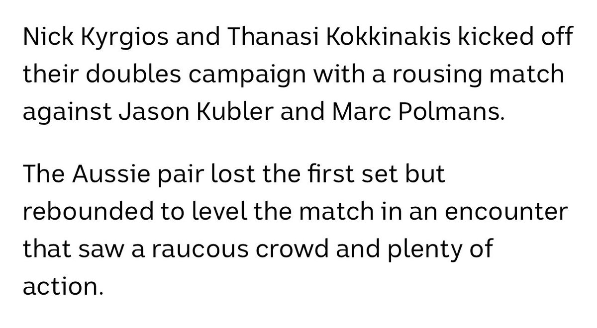 It’s not helpful to talk about the “Australian pair” in a doubles match when all four are Australian <a href="/cdesilva23/">Chris De Silva</a> <a href="/abcsport/">ABC SPORT</a> 🙈

Kubler is also a former AO dubs champ but he sounds like an underdog in your writing.