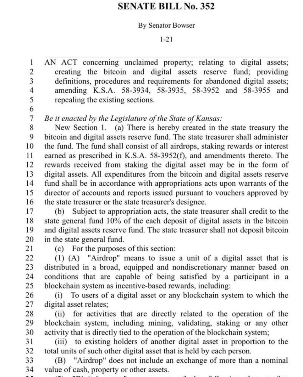 🇺🇸 Le Kansas introduit un projet de loi visant à créer une réserve  stratégique en Bitcoin. Un signal fort montrant que les États américains  commencent à considérer le BTC comme un actif