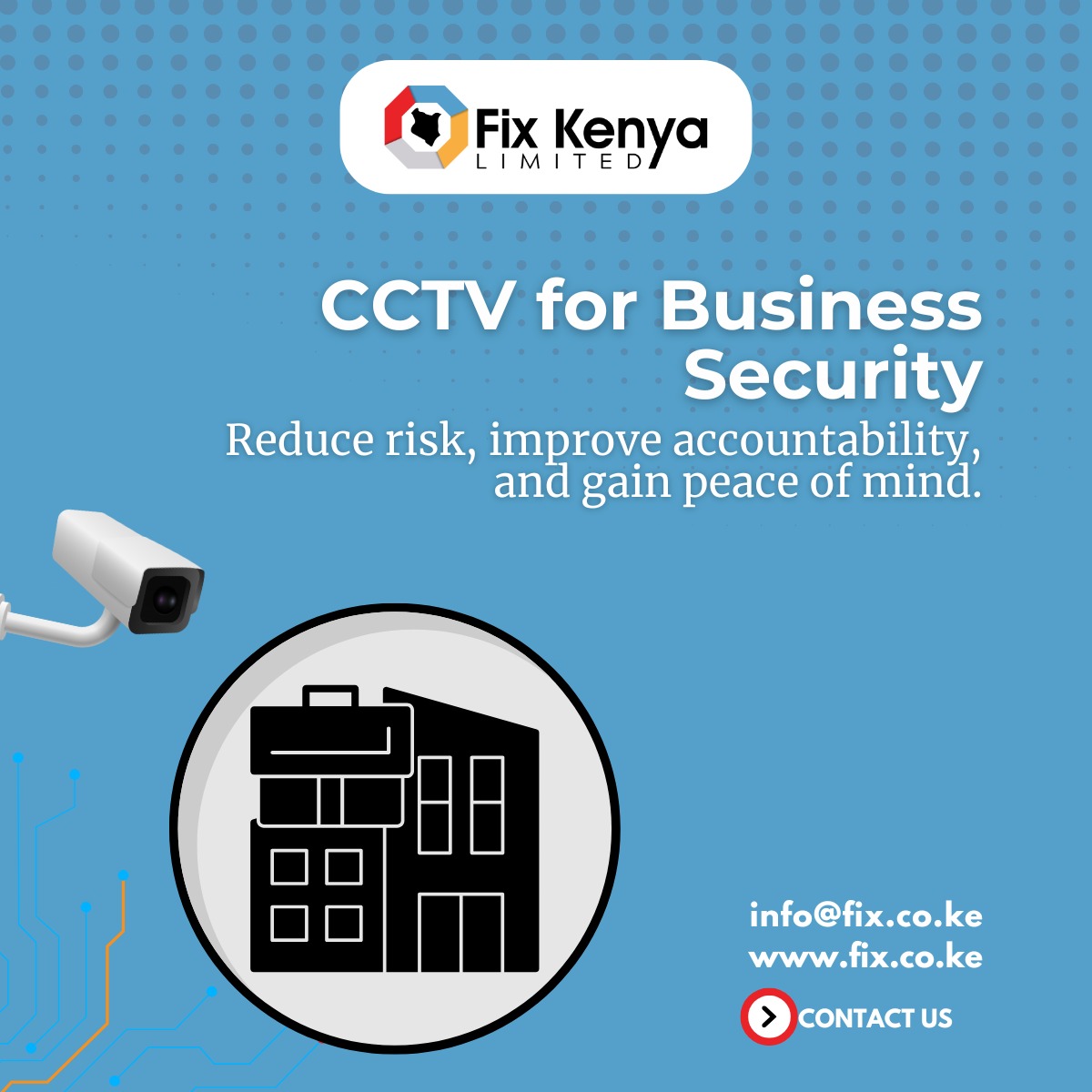 FixKenya's tweet image. Protect your business. 🛡️
CCTV systems help reduce risk and improve accountability. Get the peace of mind you deserve.

Contact us at info@fix.co.ke or visit fix.co.ke for more.

#BusinessSecurity #CCTV #FixKenya #Security #Kenya