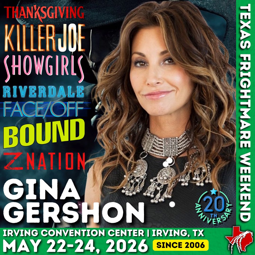 texasfrightmare's tweet photo. Gina Gershon joins Texas Frightmare Weekend 📅 May 22–24, 2026

Recently seen in Eli Roth’s Thanksgiving and known for iconic roles in Bound, Face/Off, Showgirls, and Riverdale.
Photo ops & event tickets available now at https://t.co/qEnXCjzYXk.

#TFW2026 #GinaGershon #ThanksgivingMovie #Horror